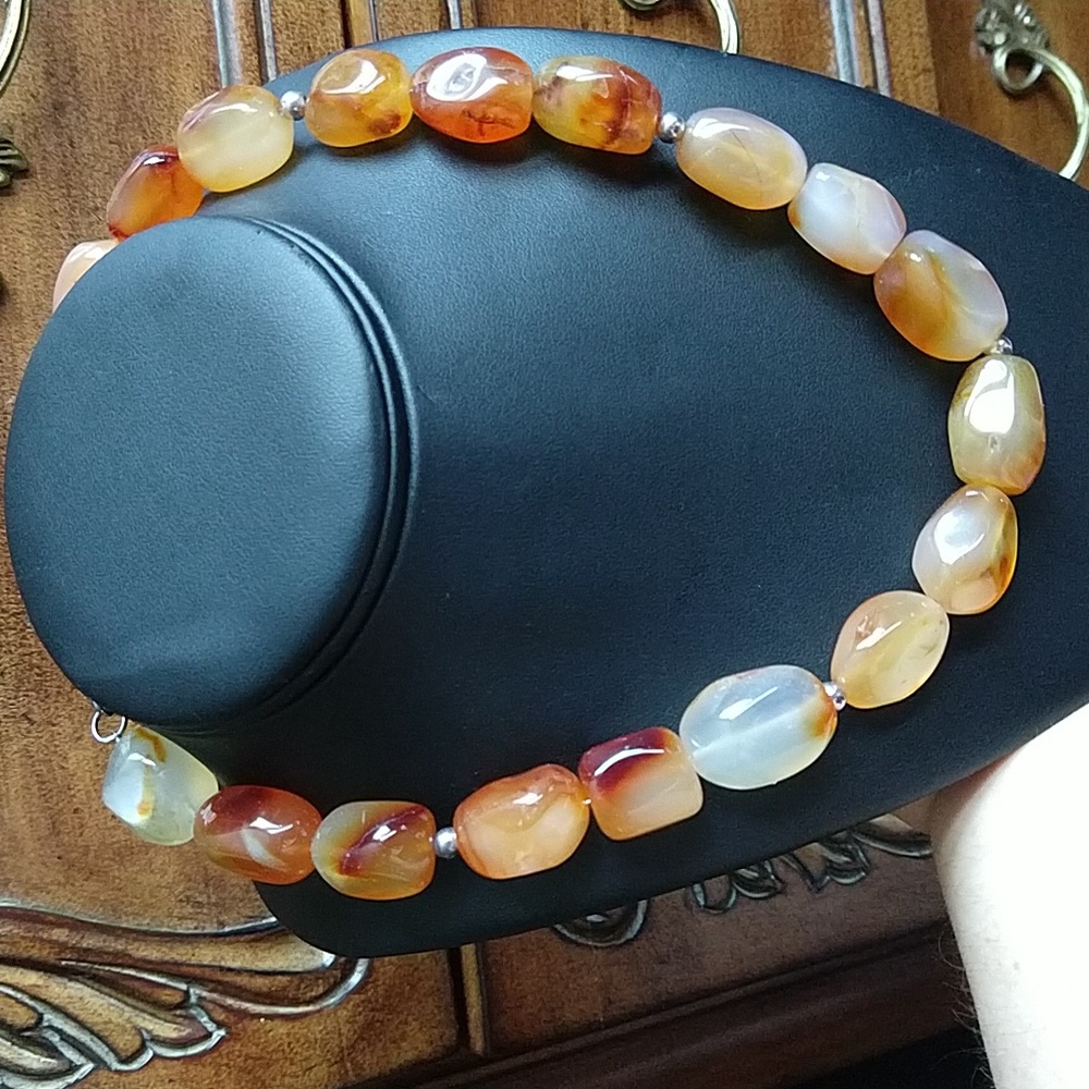 Vintage 925 sterling silver moss agate bead nugget beaded necklace adjustable